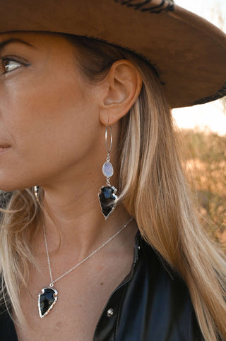 black obsidian arrowhead gemstone moonstone silver dangle earrings