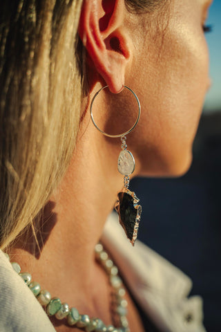 black obsidian arrowhead gemstone moonstone silver dangle earrings