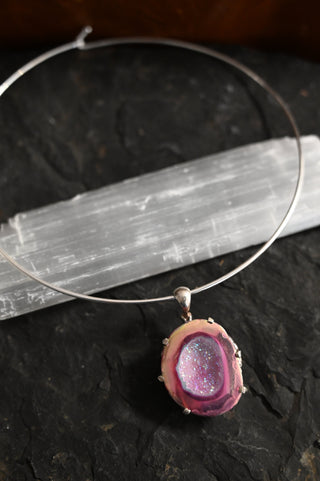 Heart on Fire Pink Agate Druzy Silver Necklace