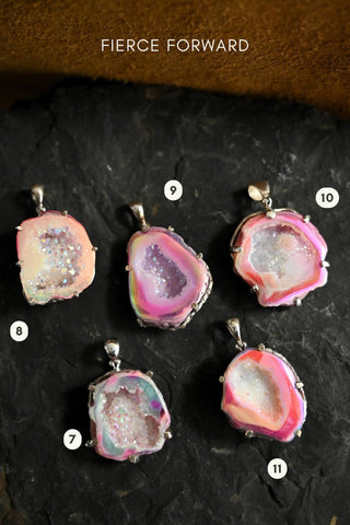 Heart on Fire Pink Agate Druzy Silver Necklace