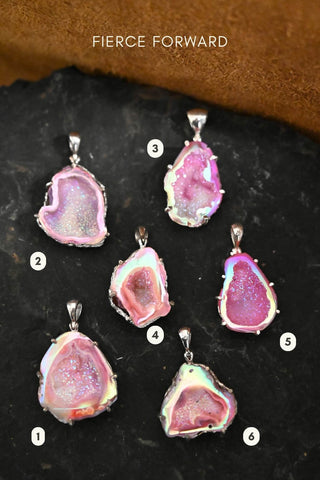 Heart on Fire Pink Agate Druzy Silver Necklace