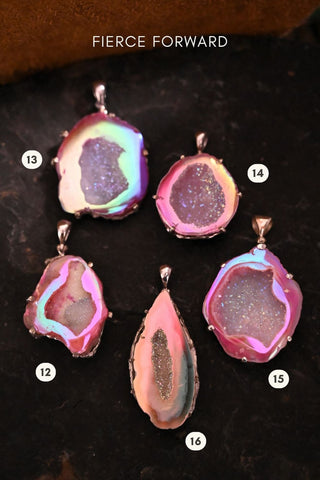 Heart on Fire Pink Agate Druzy Silver Necklace