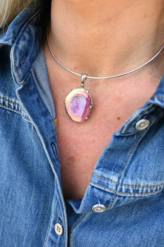 Heart on Fire Pink Agate Druzy Silver Necklace