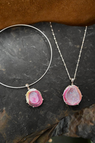 Heart on Fire Pink Agate Druzy Silver Necklace