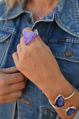 purple agate geode druzy triangle sterling silver ring