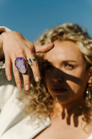 purple agate gemstone silver ring