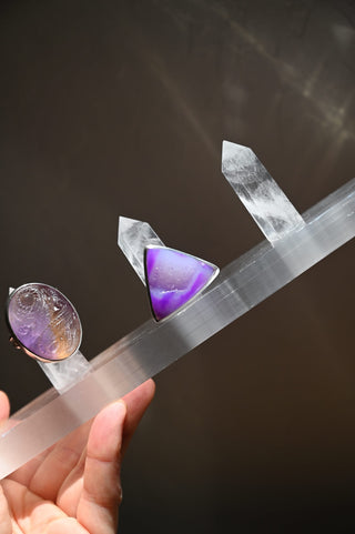 purple agate gemstone triangle silver ring