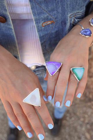 purple white green agate geode druzy triangle sterling silver ring