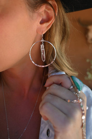 clear quartz crystal silver hoop earrings
