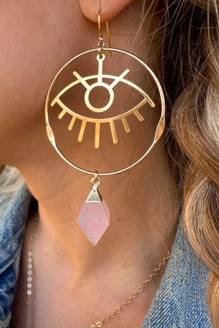 Self Love & Protection Rose Quartz Evil Eye Gold Hoops