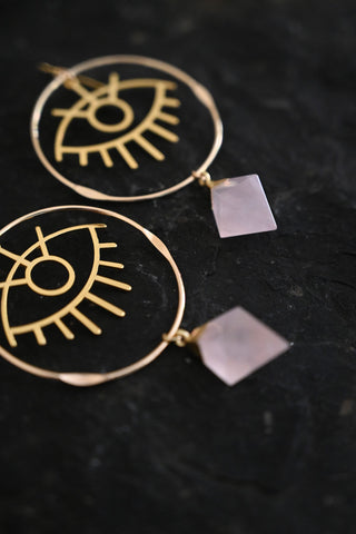 Self Love & Protection Rose Quartz Evil Eye Gold Hoops