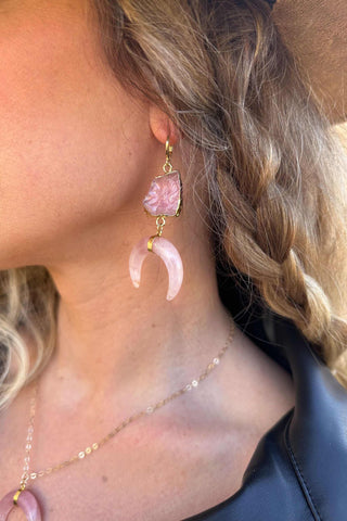 Love Warrior Rose Quartz Horn Earrings