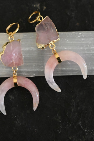 Love Warrior Rose Quartz Horn Earrings