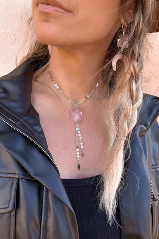 I Protect My Heart Rose Quartz Silver Lariat Necklace