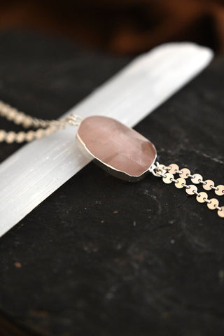 I Protect My Heart Rose Quartz Silver Lariat Necklace