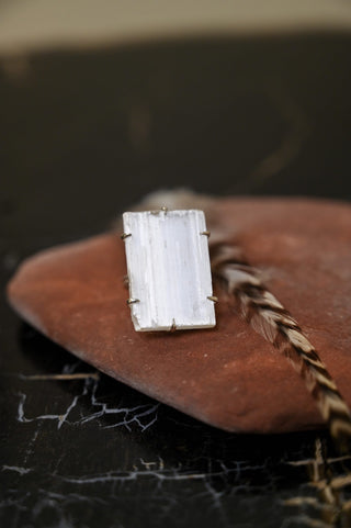 square selenite crystal sterling silver ring