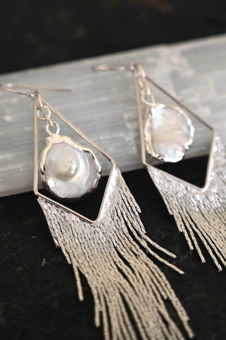 In My Purpose Mother of Pearl Silver Fringe Earrings