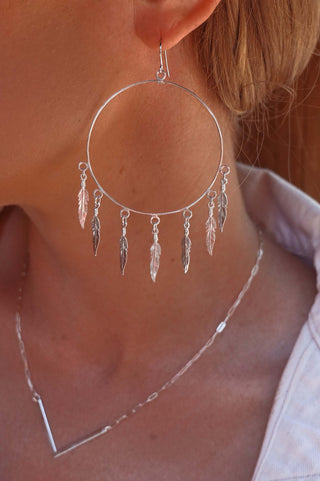sterling silver hoop feather charm earrings