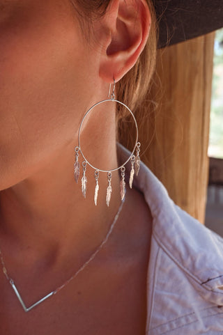 sterling silver hoop feather charm earrings