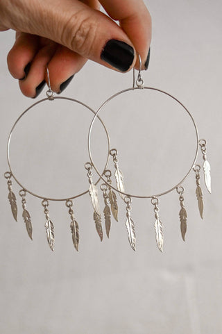 sterling silver hoop feather charm earrings