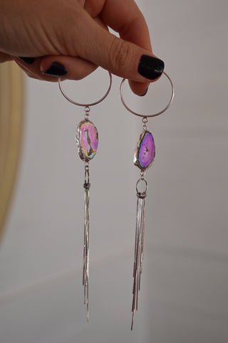 agate gemstone sterling silver hoop dangle earrings