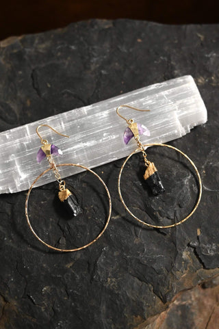 Centered in Myself Tourmaline Amethyst Gold Hoop Earrings
