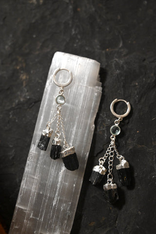 Breathe In Gratitude Tourmaline Aqua Quartz Silver Dangle Earrings