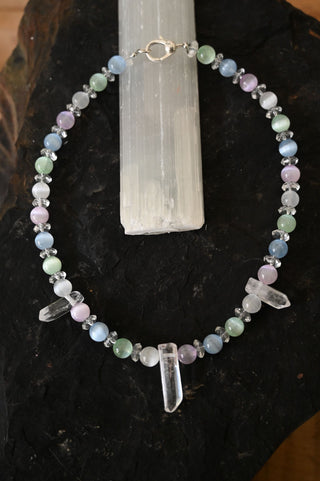 multi colored selenite and quartz beaded necklace