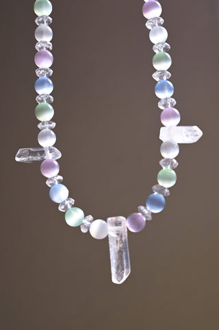 multi colored selenite and quartz beaded necklace