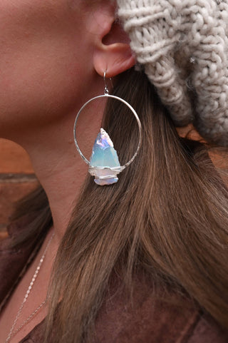 aura quartz arrowhead silver hoops