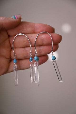 silver u bar blue turquoise clear quartz dangle earrings
