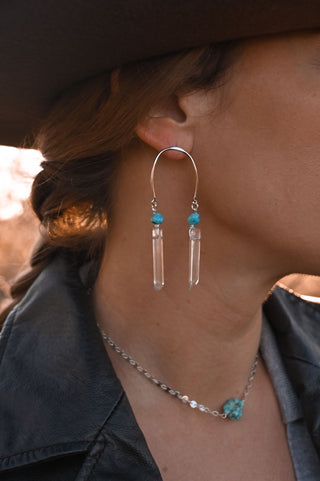 silver u bar blue turquoise clear quartz dangle earrings
