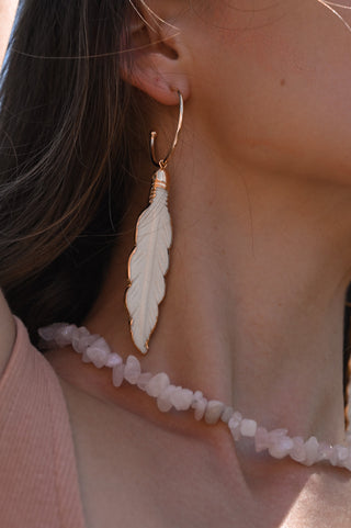 white bone feather gold hoop earrings