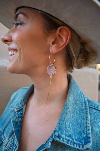 gold hoop pink rose quartz dangle earrings