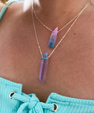 pink blue aura quartz gold necklace