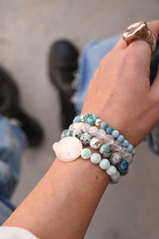 white blue green gemstone bracelet stack