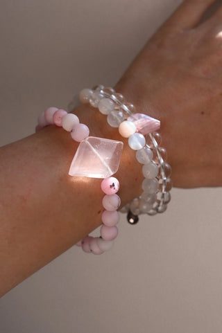 pink clear gemstone bracelet stack