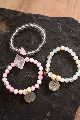 pink clear gemstone bracelet stack