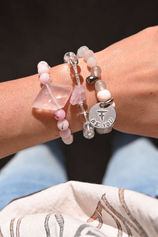 pink clear gemstone bracelet stack