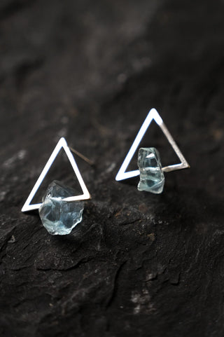 silver triangle blue aquamarine crystal drop earrings