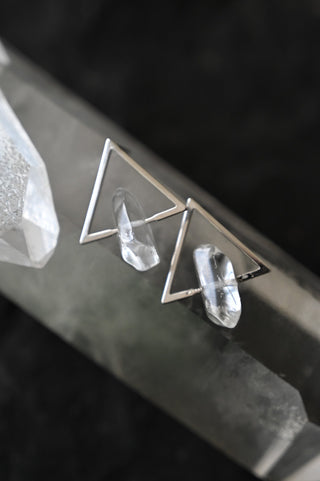 silver triangle clear quartz drop earrings