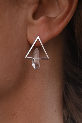 silver triangle clear quartz drop earrings