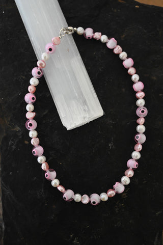 pink evil eye white pearl necklace