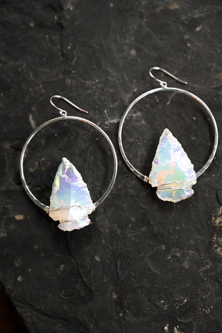 aura quartz arrowhead silver hoops