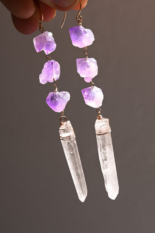 purple amethyst clear quartz dangle earrings