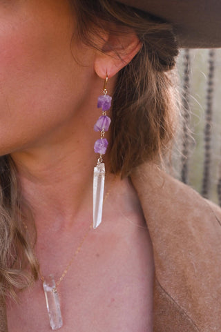 purple amethyst clear quartz dangle earrings
