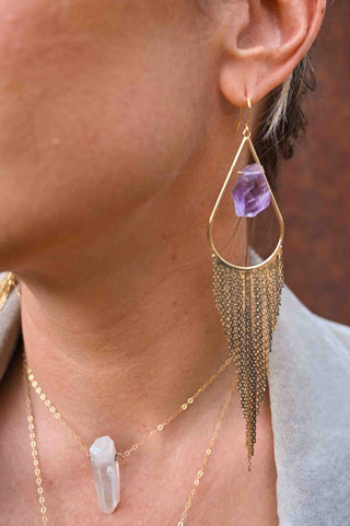 amethyst crystal gold fringe dangle earrings