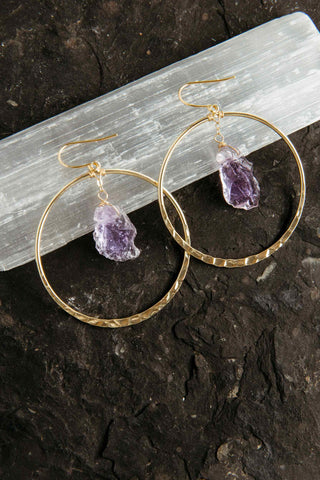 amethyst crystal gold hoop earrings