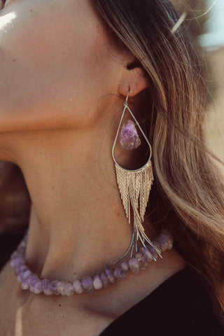silver fringe amethyst crystal dangle earrings