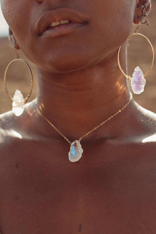 angel aura quartz crystal gold earring necklace set